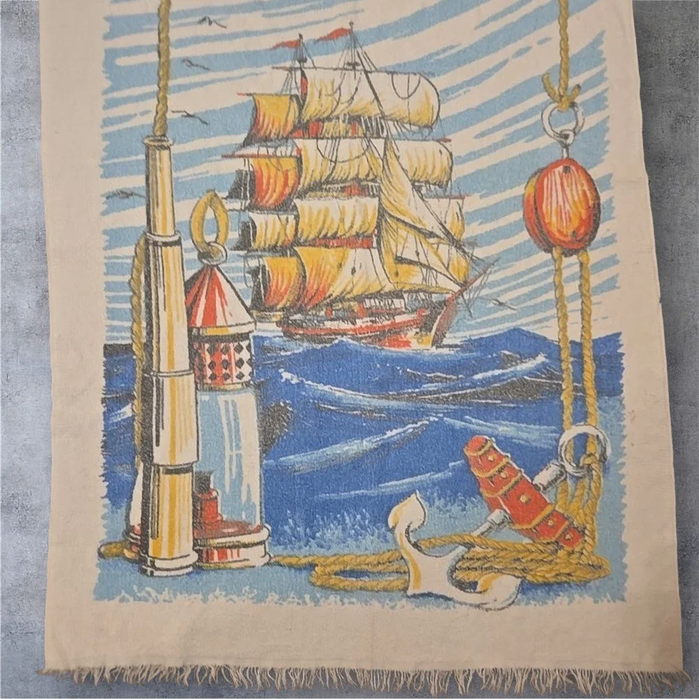 VTG Cannon Nautical‎ Decorator Cotton Towel 33x52 USA Ship Lighthouse Anchor 60s
